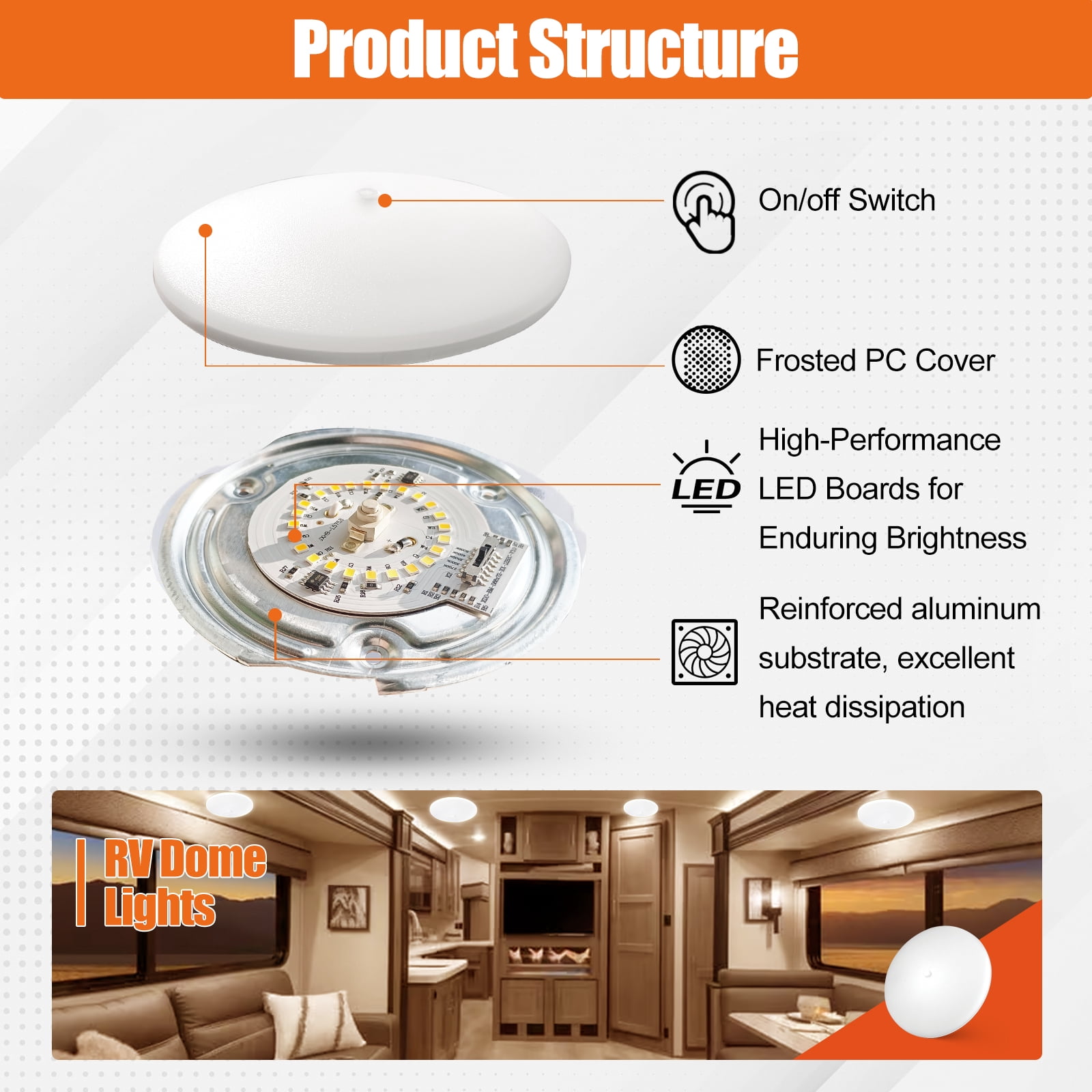 5CCT LED RV Dome Ceiling Lights, On/Off Switch, DC 12V Surface Mount Interior Puck Light for Slim Motorhome, Trailer, Boat, Camper Lighting, 5W, 2700K/3000K/3500K/4000K/5000K, 4.5 Inch, 6 Pack