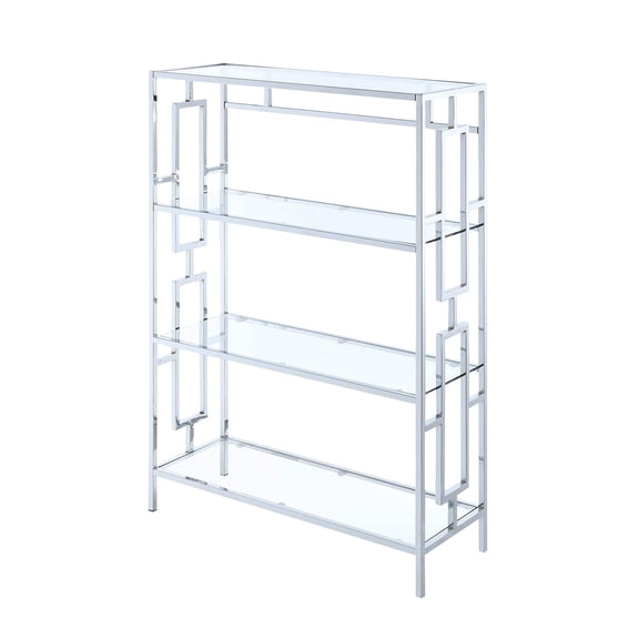 Pemberly Row Four-Tier Bookcase in Clear Glass and Chrome Metal Frame