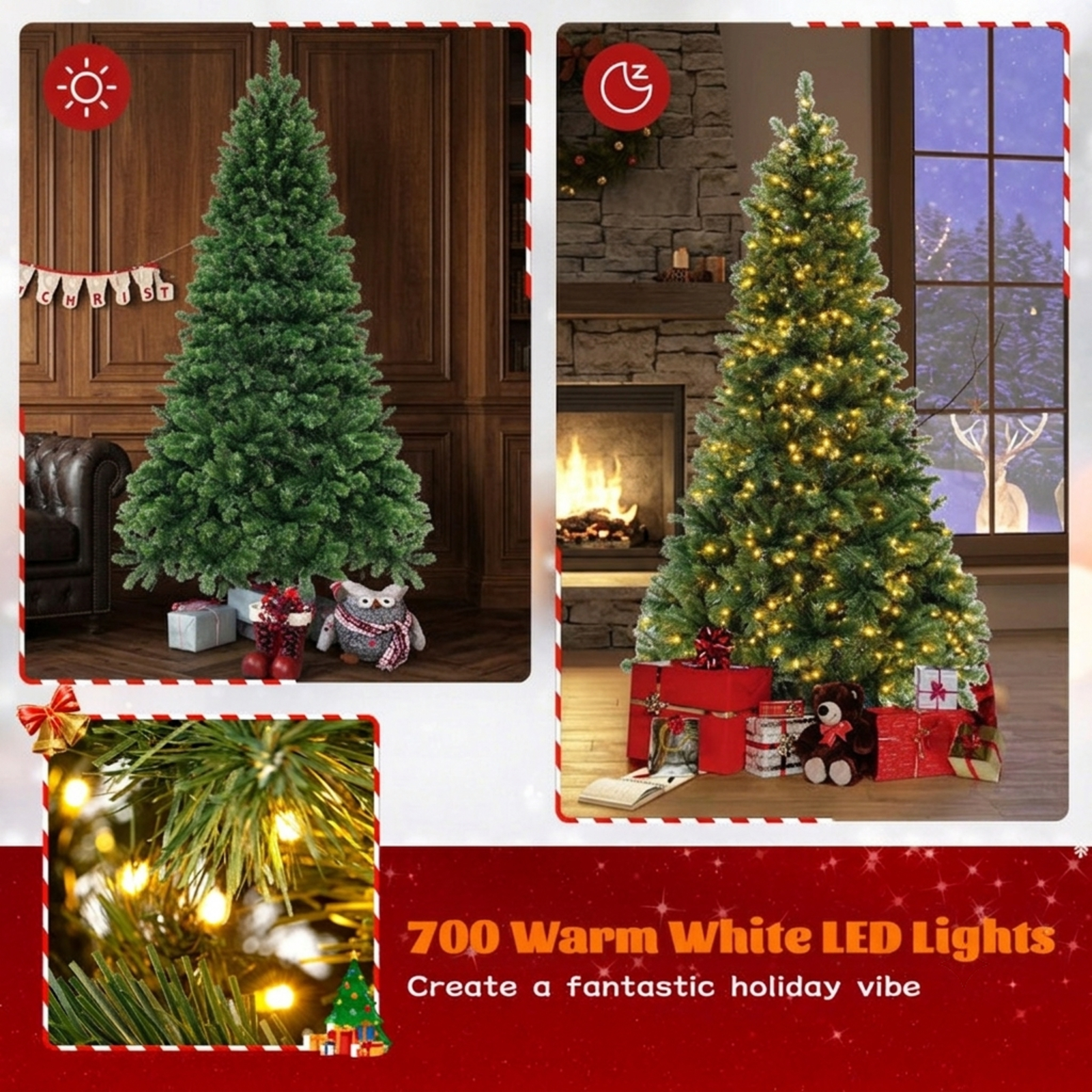 RUIE 7 ft Hinged Christmas Tree, Pre-Lit Green Artificial Xmas Tree with 700 LED Lights, 1188 Branch Tips and Foldable Metal Stand