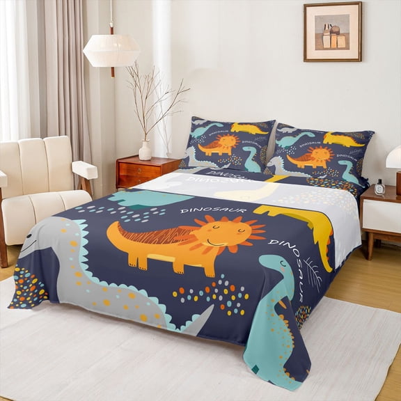 Homewish Kawaii Navy Dinosaur Twin Sheet Sets for Kids, Chic Polkadots Twin Fitted Sheet, Cartoon Animal Flat Sheet, Lightweight Room Decor, 3-Piece