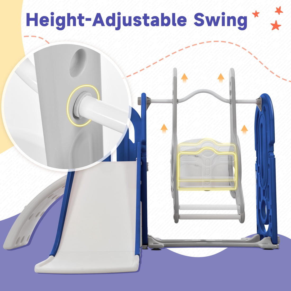 JAMPOOCA 5-in-1 Kid Slide Playset, Swing Set with Climbing Ramp & Basketball Hoop, Blue