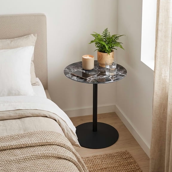 MAYEERTY 17.5 Inch Small Round Tulip Side Table, Marble Textured Glass Top, Sturdy Steel Base for Living Room & Bedroom