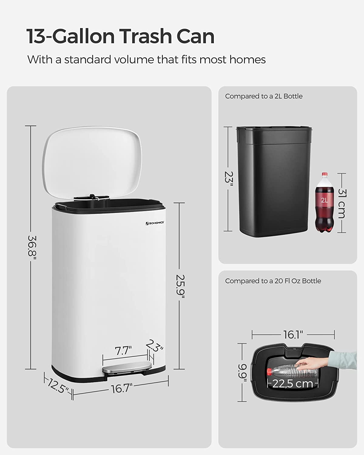 13 Gallon Stainless Steel Kitchen Trash Can, Garbage Can, Soft Close, White
