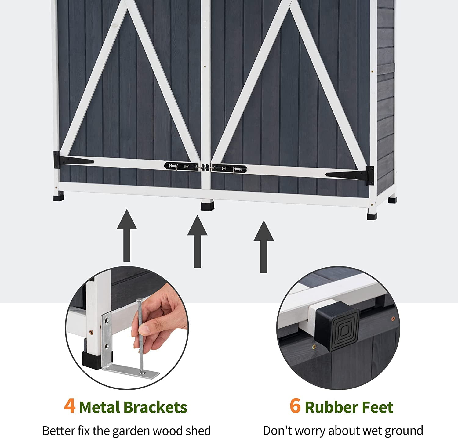 MCombo 64 inch Tall Outdoor Storage Cabinet with Shelves and Floor, Lockable Double Doors Garden Wood Tool Shed, Fir Wood