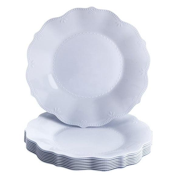 SILVER SPOONS Vintage Embossed Plastic Dinner AFN1Plates for Party - 10 PC - Heavy Duty Disposable Dinner Set - 10.75” - Fine China Look Dishes - Perfect for celebrations & Events - White