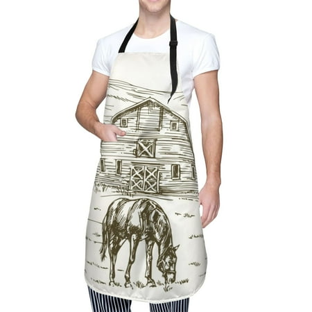

Cauagu Horses Grazing On Meadow Aprons with Pockets Waterproof Apron for Women Kitchen Cooking Apron Adjustable Bib Aprons Chef Apron for Cooking Drawing Crafting