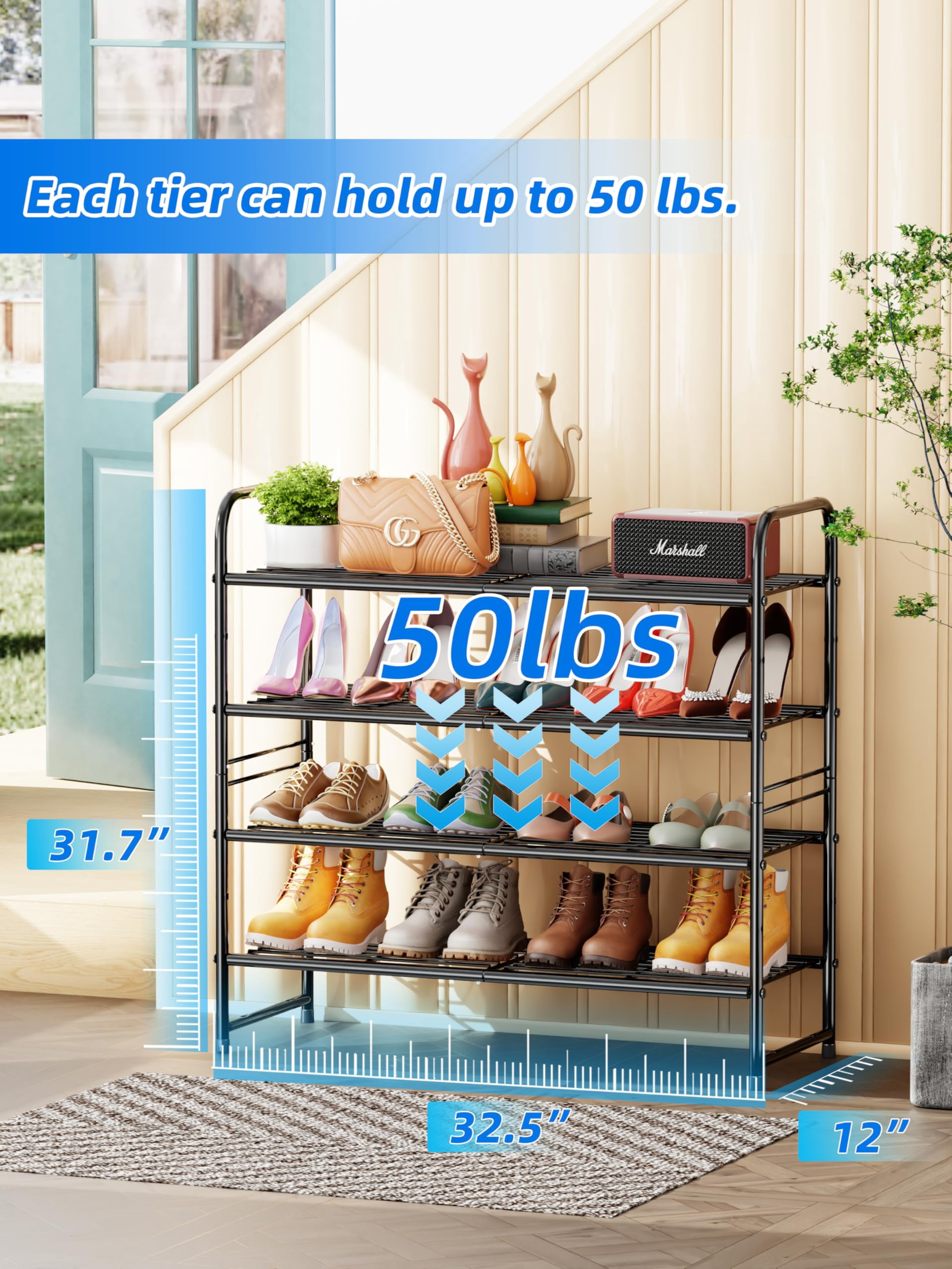 SUFAUY 4 Tier 33" Wide Shoes Rack Stackable, Metal Wire, Black