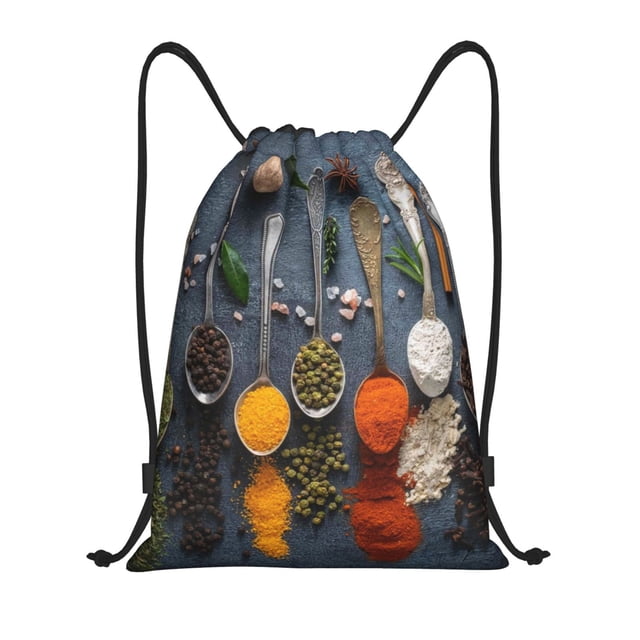 Xecao Various Herbs And Spices In Spoons Pattern Sports Drawstring Backpack - String Swim Gym Bag with Wet Proof Pocket for Women&Men-Medium