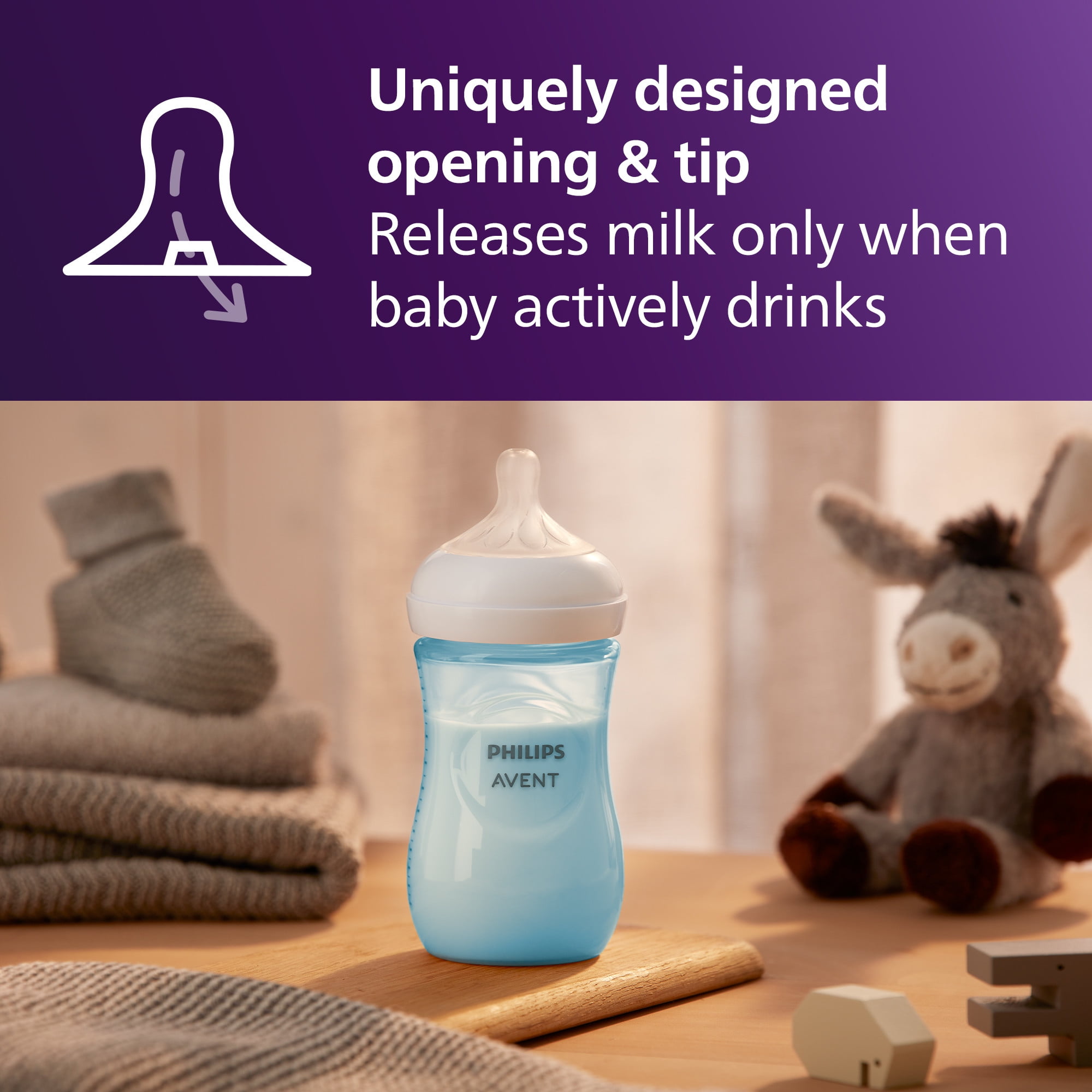 Philips Avent Natural Baby Bottles with Natural Response Nipples (Medium Flow, Flow 3), 9oz, Blue, 3-Pack, SCY903/23