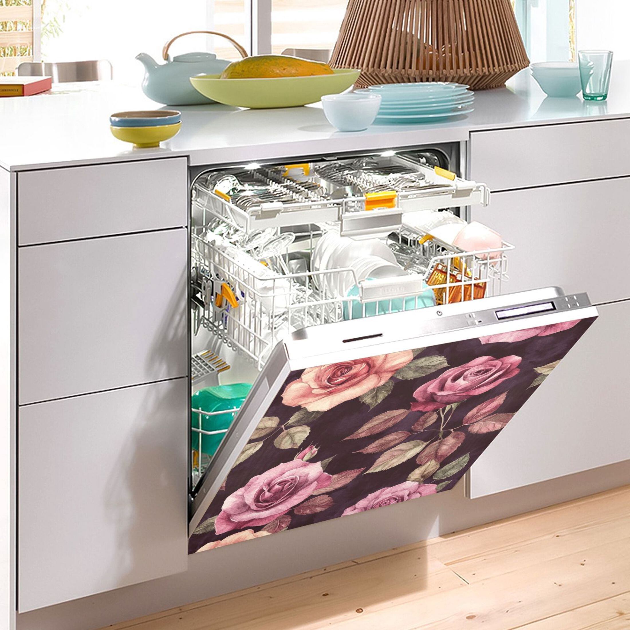 Dishwasher Magnetic Sticker 23x26 Inch Refrigerator Magnetic Sticker Washing Machine Magnetic Sticker Kitchen Panel Magnetic Sticker Home Decor Maroon Roses Seamless