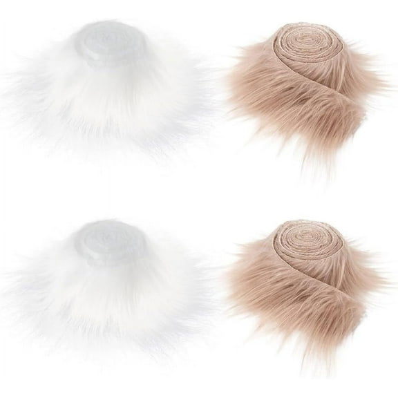 1 Set 4Pcs 150x5cm Faux Fur Ribbon Shaggy Faux Fur Precut Strips White Khaki Artificial Fur Fabric Fluffy Fuzzy Craft Fur Pieces for Gnomes Beard Santa Claus Hair Dwarf Cosplay Costume DIY Craft