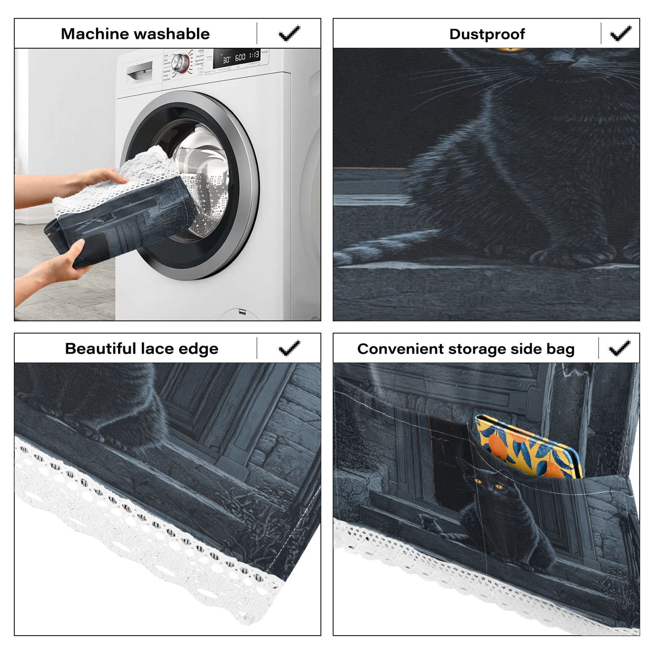 Washing Machine Cover 51.2x22in, Durable Polyester Dust Cover with Lace Trim and Side Pocket for Appliances Black Cat Guard