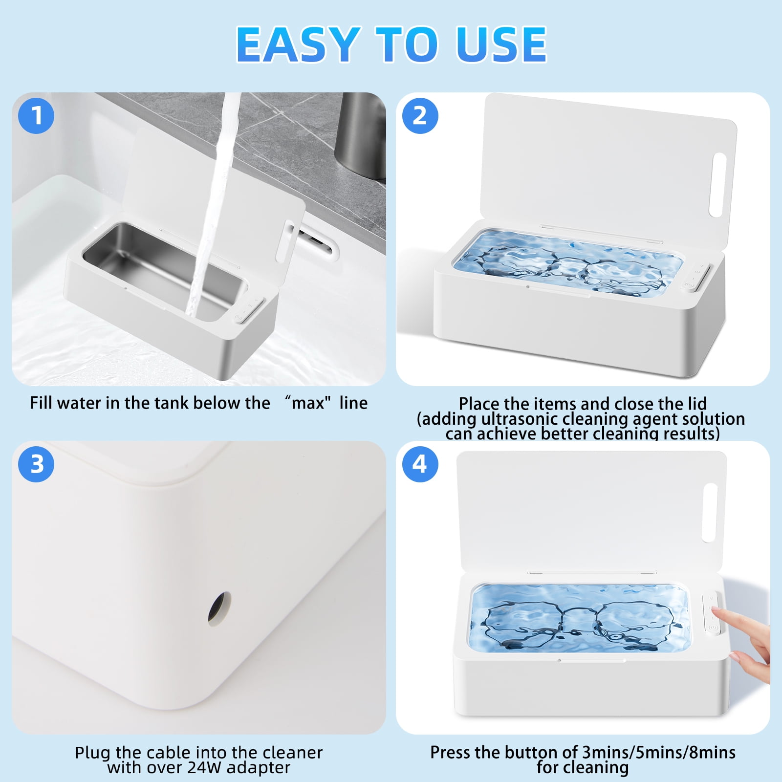 Ultrasonic Jewelry Cleaner Machine for Eyeglass, Sunglasses, Ring, Watch Strap, One-Touch Operation, 3 Timer Modes