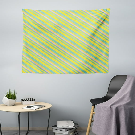 Stripes Tapestry, Abstract Geometrical Pattern of Diagonal Lines in Memphis Colors, Fabric Wall Hanging Decor for Bedroom Living Room Dorm, 5 Sizes, Turquoise Yellow, by Ambesonne
