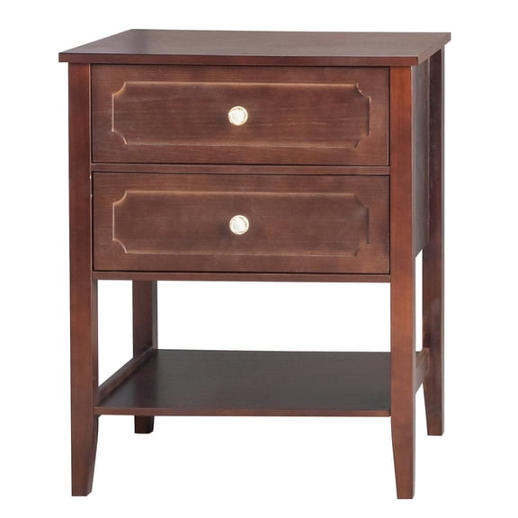 HUJHKIO Modern Farmhouse Nightstand with 2 Drawers & Open Shelf, Solid Wood End Table for Bedroom & Living Room - Rustic Wooden Side Table with Slatted Design, Sturdy Storage Furniture, Brown