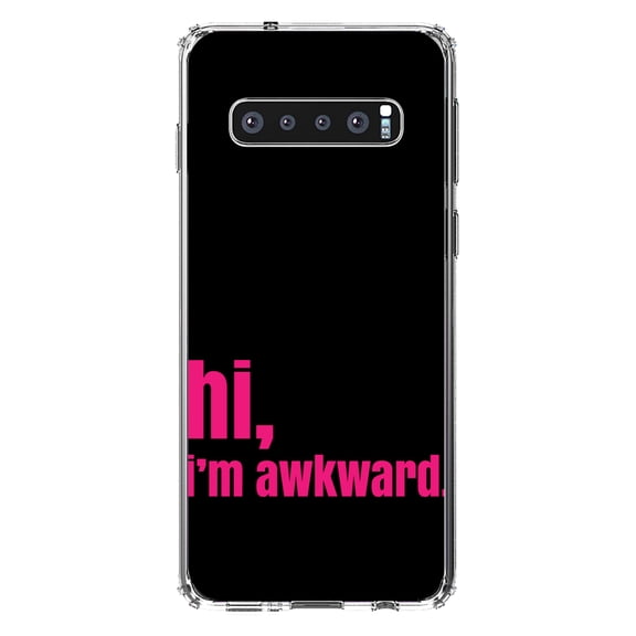 DistinctInk Clear Shockproof Hybrid Case for Samsung Galaxy S10  PLUS(6.4" Screen) - TPU Bumper, Acrylic Back, Tempered Glass Screen Protector - Black Hot Pink "hi, I'm awkward."