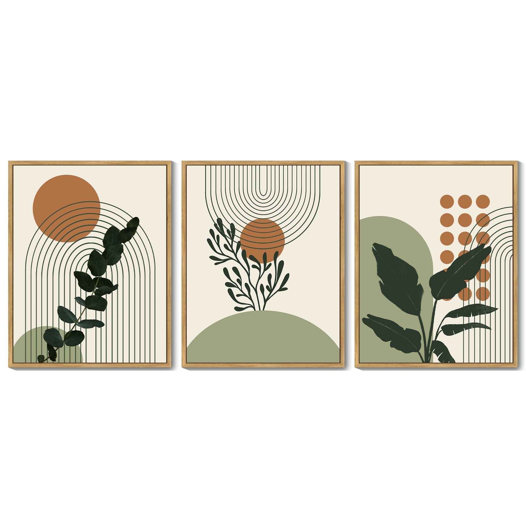 16x24in Natural Framed Boho Plant Wall Art Green Botanical Bohemain Wall Printing Abstract for Office Dining Room Hallway Canvas Prints with Leaf & Sun Lines