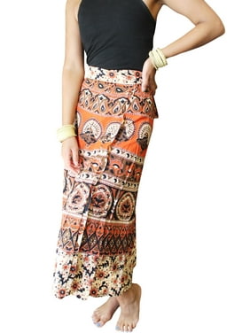 Mogul Women Wrap Maxi Skirt Orange Brown Floral Printed Bohemian Wrap Skirt Printed Cotton Cover Up Summer Skirts Onesize