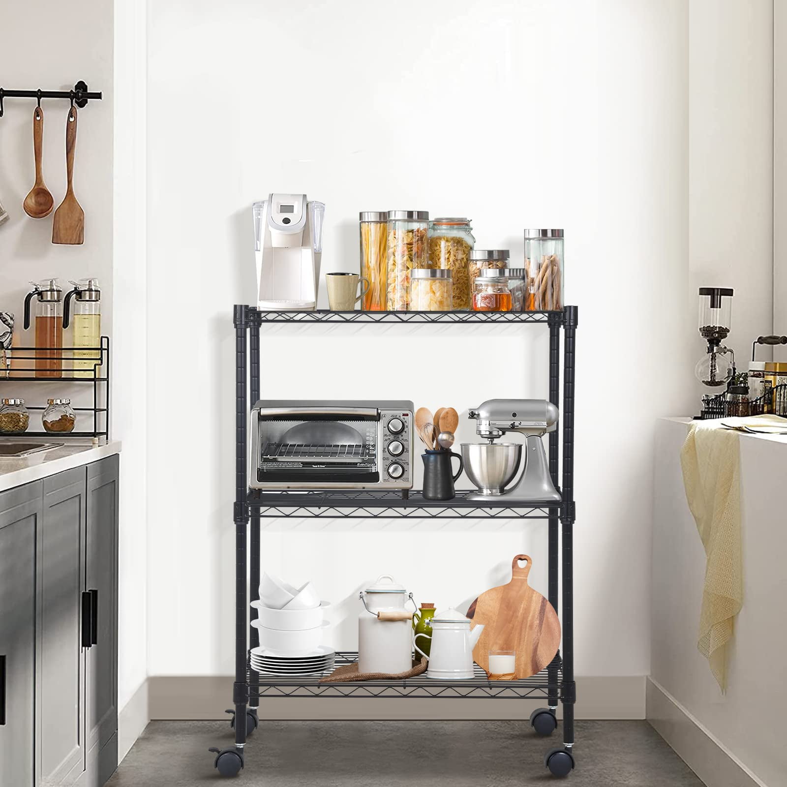 NiamVelo 3-Tier Wire Shelving Unit, NSF Metal Storage Shelves Adjustable Wire Shelf with Wheels for Kitchen Office Pantry Bathroom Garage, Black