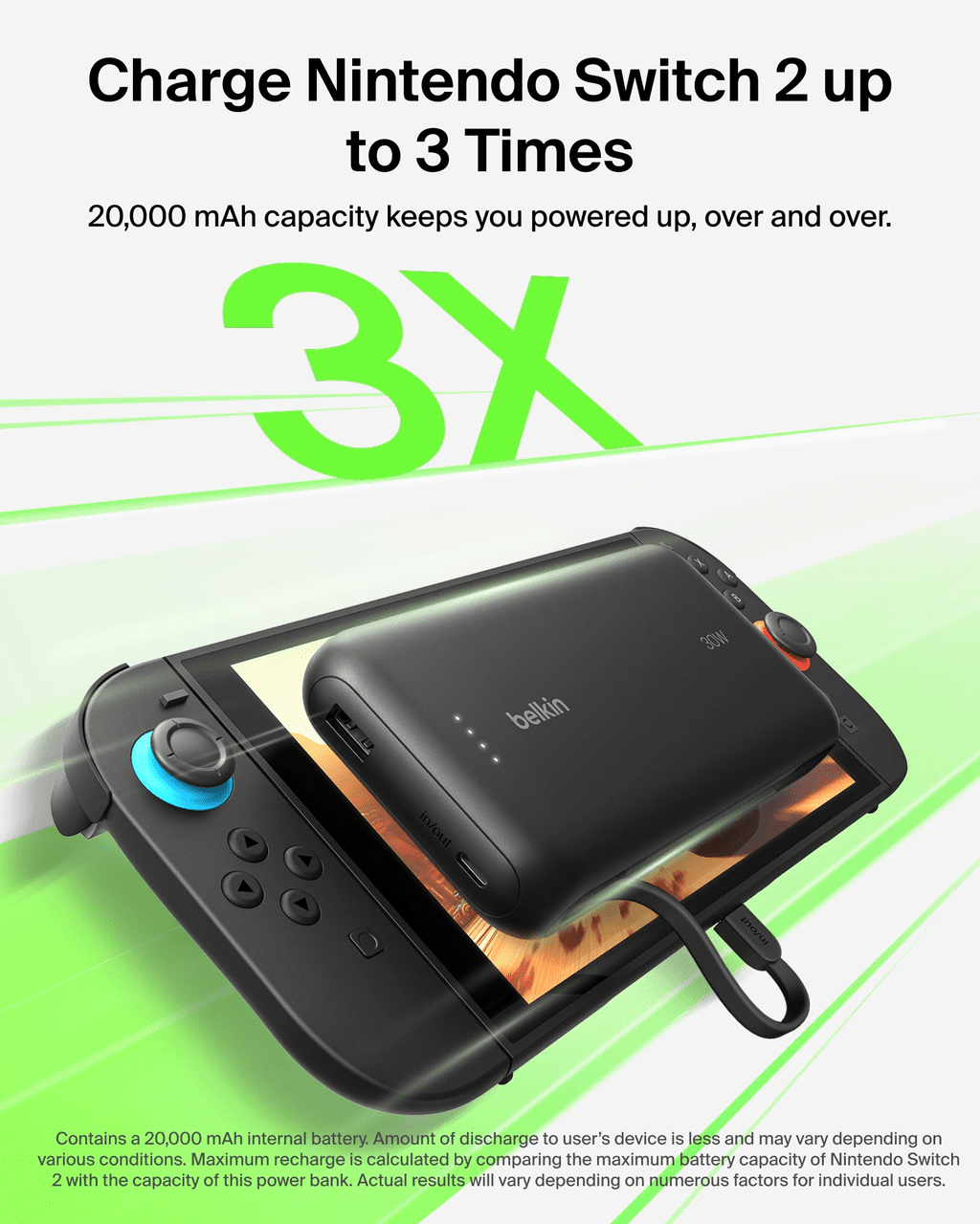 Belkin Gaming Portable Charger, Power Bank 30W w/ Integrated USB C Cable 20,000mAh - Fast Charging USB C PD, Portable Charger for Nintendo Switch 2, iPhone 16, iPad Pro, Galaxy S25, & More - Black