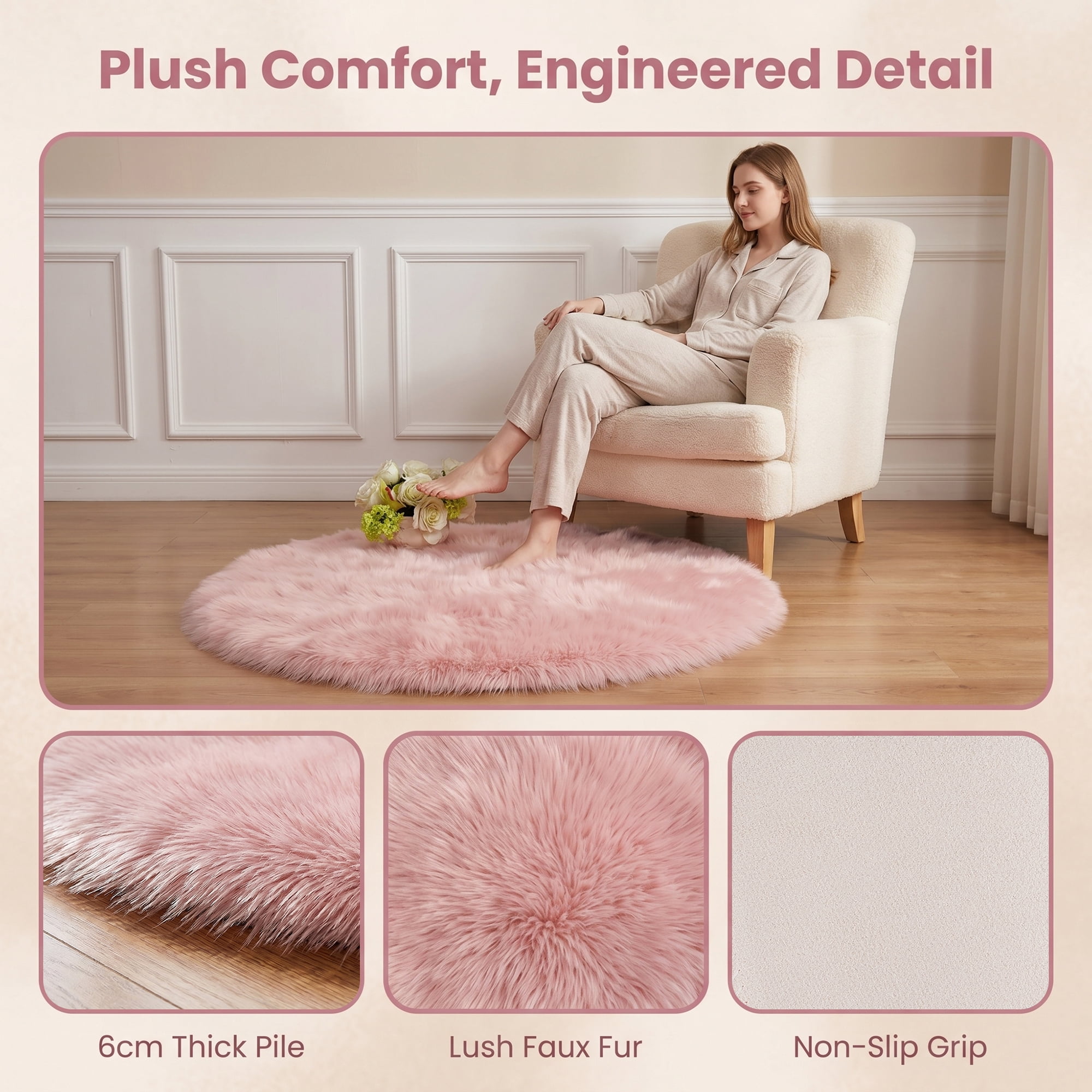 Unique Bargains Shaggy Round Area Rug Fluffy Non-Slip Fuzzy Carpet 24" x 24" Dark Pink