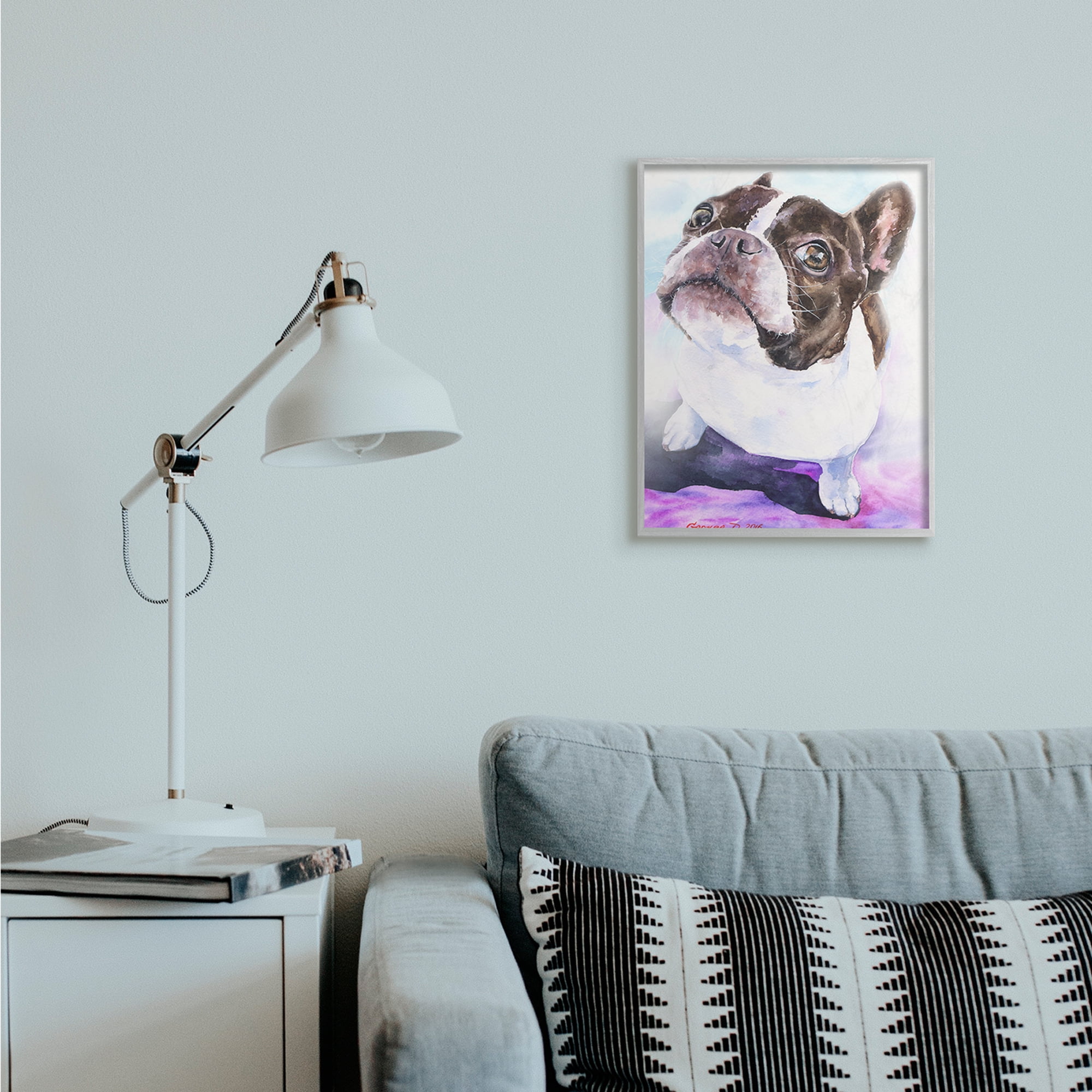 Stupell Industries Happy Boston Terrier Pet Dog Portrait Black Purple Grey Framed, 16 x 20, Design by George Dyachenko