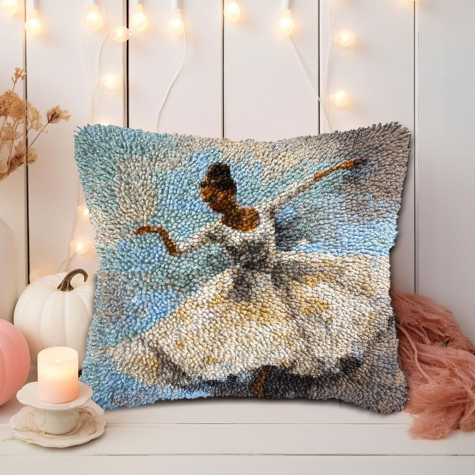 White Dress Ballerina Woman Dancing DIY Latch Hook Pillow Kits for Adults Printed Pillowcase Crochet Yarns Hooking Handmade Pillow Cover Cushion for Home Sofa Decoration 17x17inch(1)