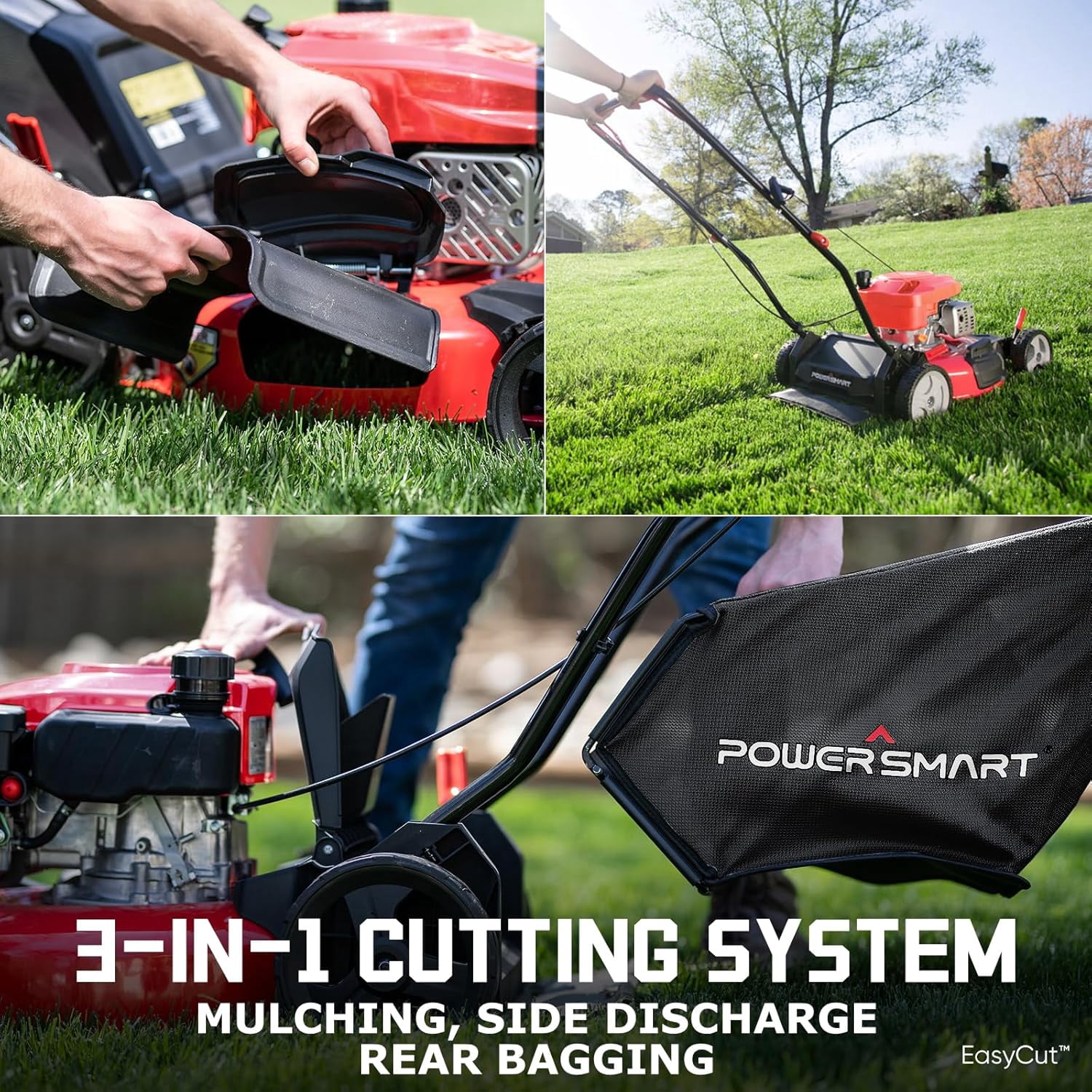 18 Inch Gas Push Lawn Mower, 144cc 3-in-1 Mulch Bag Side Discharge with Steel Deck