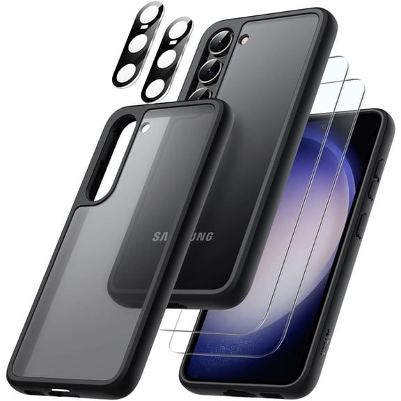 JETech 5 in 1 Matte Case for Samsung Galaxy S23 / S23 Plus 6.6-Inch with 2 Screen Protector and 2 Camera Lens Protector, Translucent Back Protective Phone Cover, Tempered Glass Film (Black)