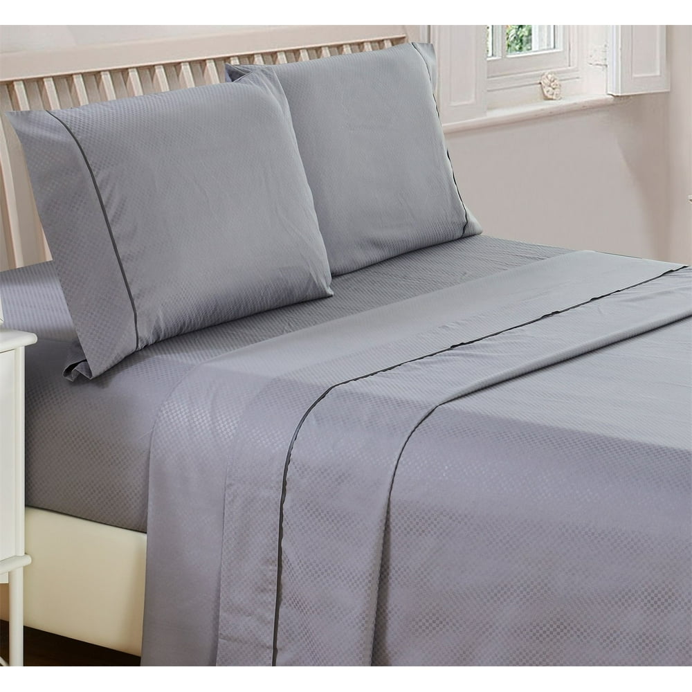 Checkered Embossed Bed Sheet Set (Full, Grey) 4 Piece Deep Pocket 1800