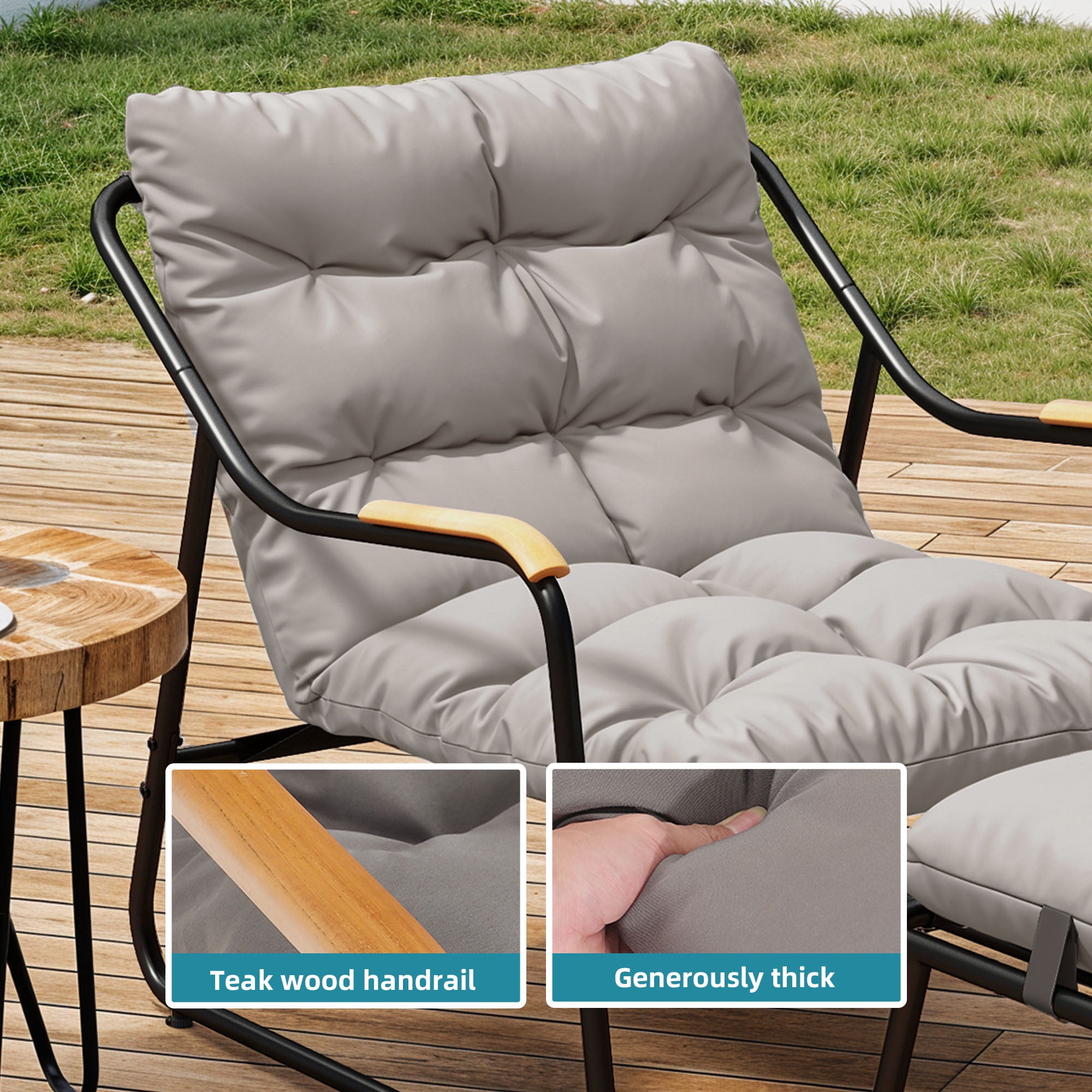 Uforic Outdoor Papasan Lounge Chair with Ottoman, Dark Gray Textilene Sling Recliner Set with Puffy Cushion, Indoor Outdoor Comfy Leisure Chair for Patio Balcony Backyard Garden