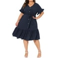 thumbnail image 1 of Vestido de mujer de talla grande Agnes Orinda con dobladillo con volantes, botones, escote en V, mangas cortas, vestido midi de playa con cinturón 2X azul oscuro, 1 of 8