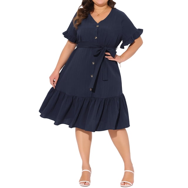 Vestido de mujer de talla grande Agnes Orinda con dobladillo con volantes, botones, escote en V, mangas cortas, vestido midi de playa con cinturón 2X azul oscuro
