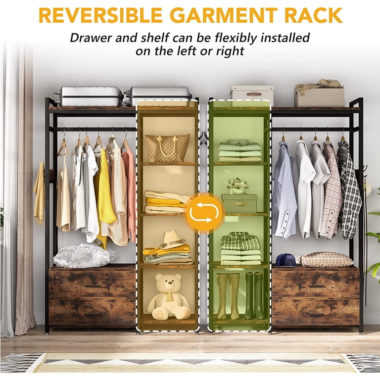 Industrial L Shaped Closet Organizer, Freestanding Corner Clothes Garment Rack With Hanging Rods And Storage Shelves - Rustic Brown