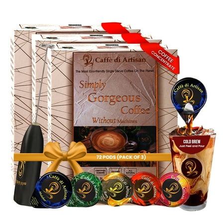 Caffè di Artisan Single Serve Organic Strong Liquid Coffee Concentrate Pods - Sampler Bundle Pack - 72 Capsules- Free Frother on your 1st order!