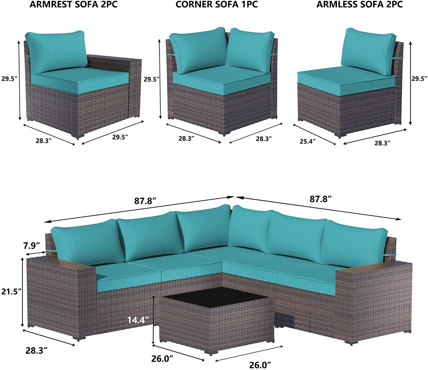 Kullavik 6 Pieces Patio Furniture Sets All Weather Outdoor Sectional Sofa Manual Weaving Wicker Rattan Patio Conversation Set with Cushion and Glass Table (Blue)