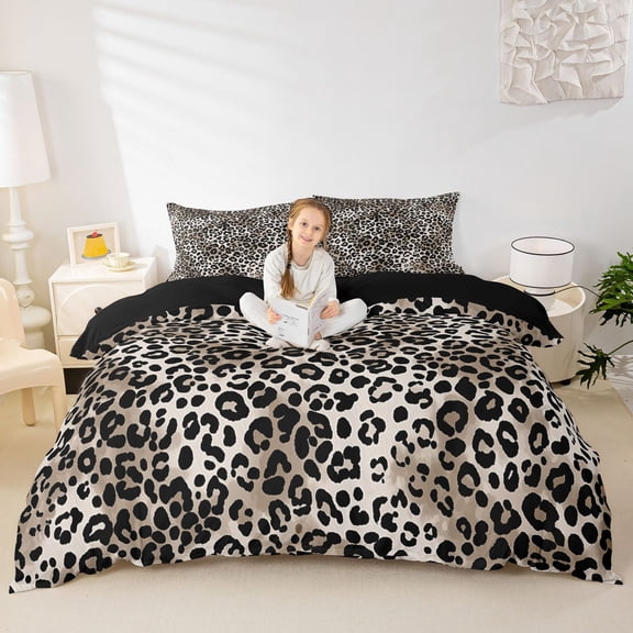 Erosebridal Leopard Printed Kid Duvet Cover Set, Farmhouse Cheetah Print Bedding Full, Black Reverisble, 1 Duvet Cover and 2 Pillowcases (No Comforter)