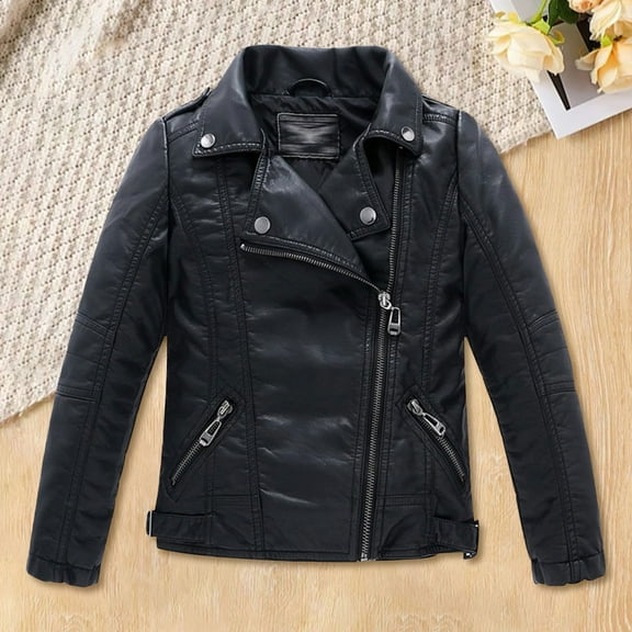 LIJCC Kids Boys Girls Studded Jackets Faux Leather Quilted Shoulder Motorcycle Jackets with Oblique Zipper Spring Biker Coats Clothing Coat