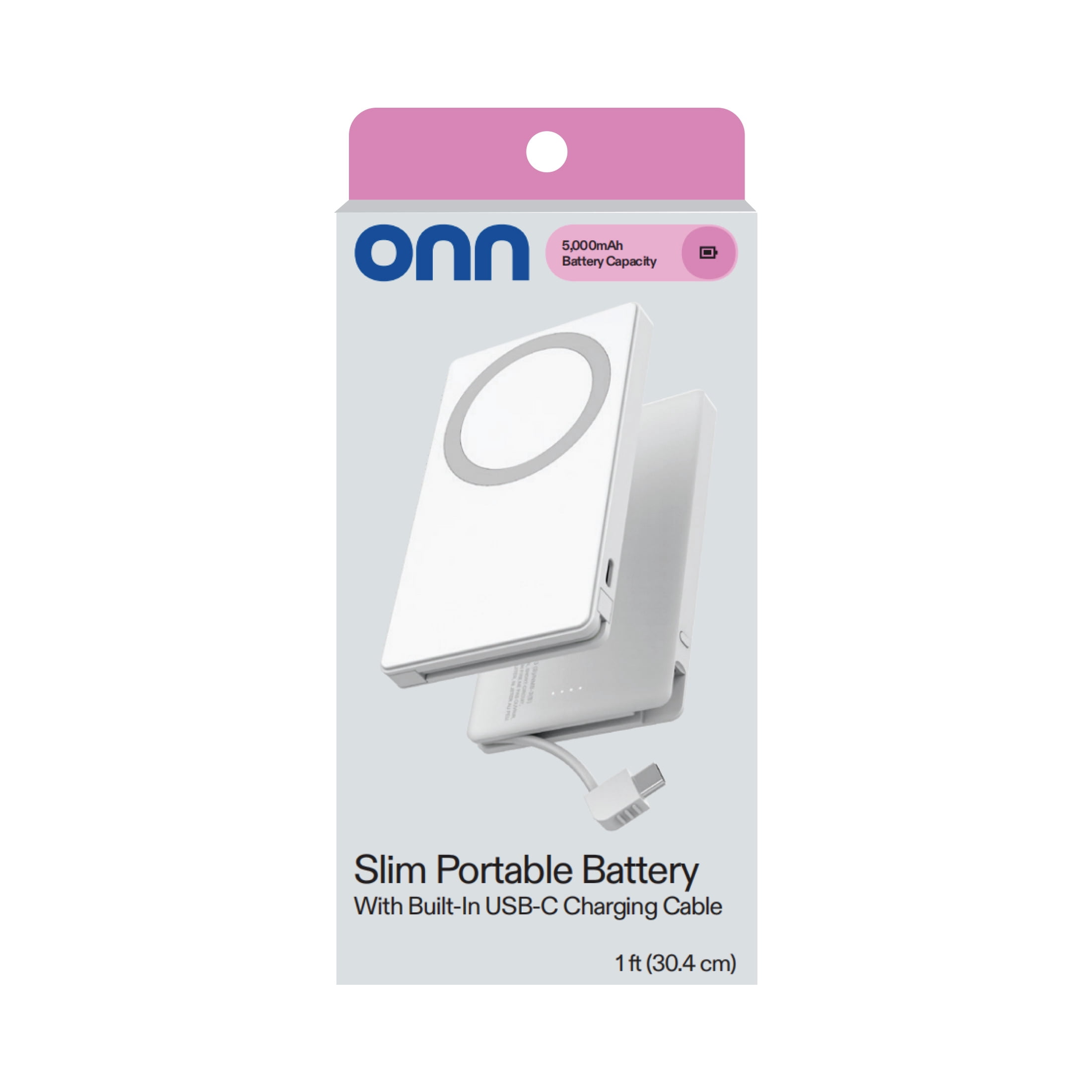 onn 5,000 mAh Portable Power Bank with Built In USB-C Cable, Mag-Attach Ring, White - Compatible with iPhone 17/16/15 Series, Samsung Devices, Pixel Devices, iPad Pro, & More (Cable Charge only)