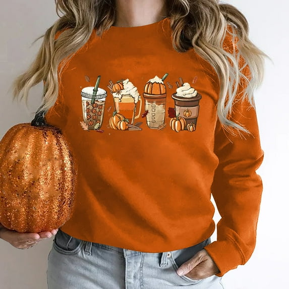 Lilgiuy Women's Halloween Hoodless Sweatshirts Fashion Graphic Printed Long Sleeve Round Neck Pullover Blouse Fall Winter Trendy Tops Orange