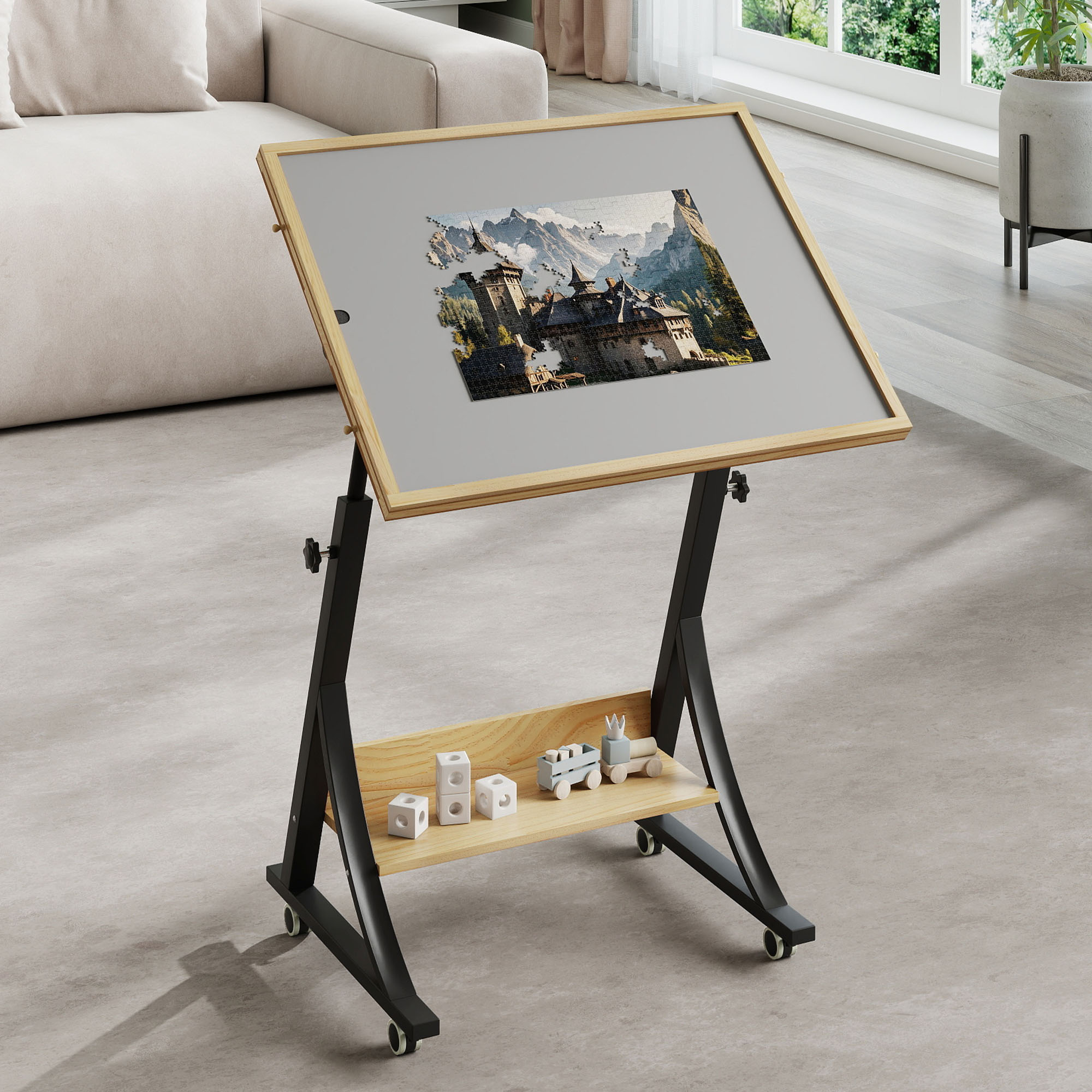 Uforic Jigsaw Puzzle Table with 4 Drawer, Legs and Wheels, Adjustable Up Level Mesa Gamer Tables