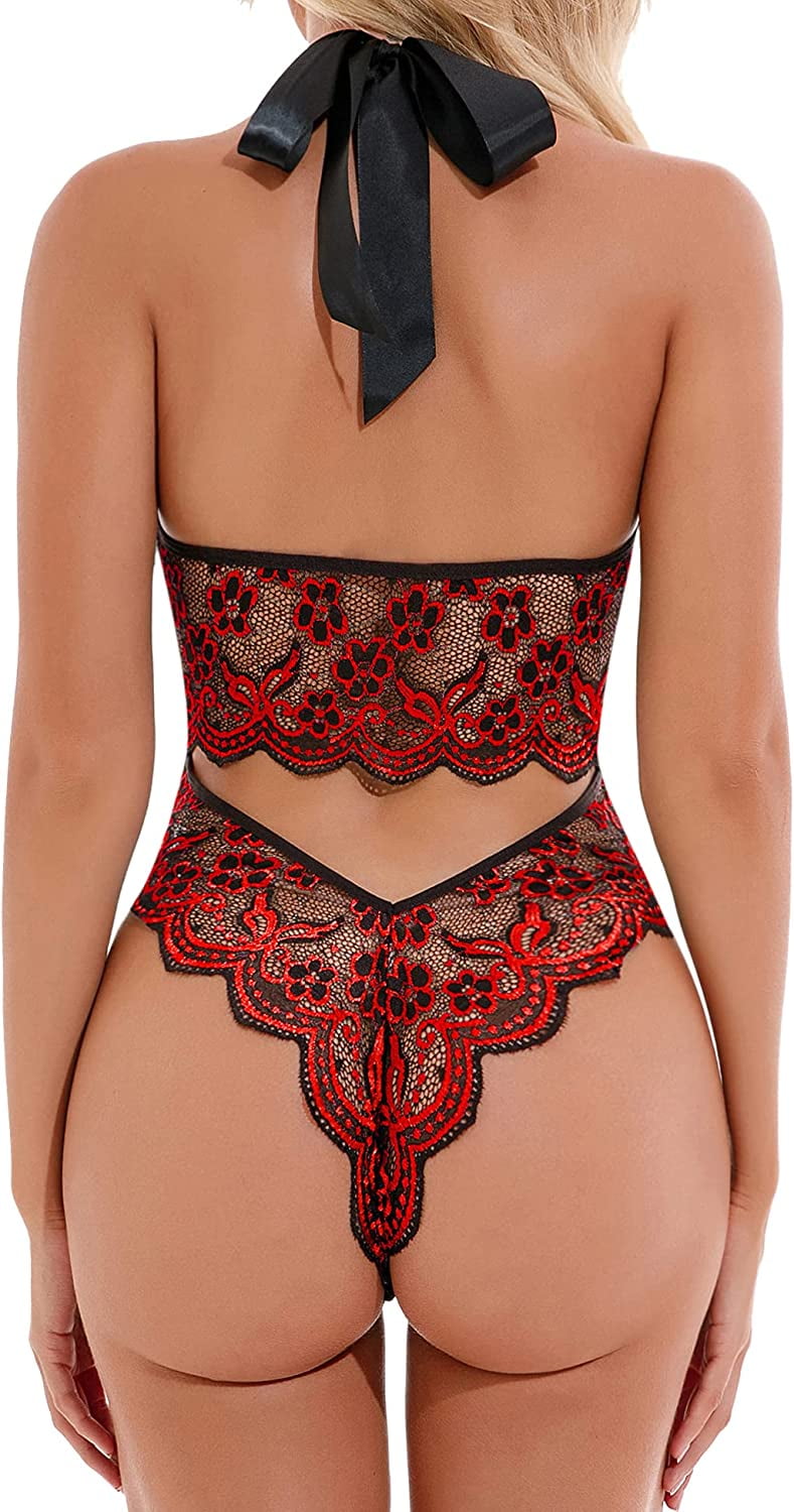 Donnalla Women Sexy Lingerie Lace Bodysuit Floral One Piece Exotic Naughty  Plunging Strappy Teddy Lingerie 