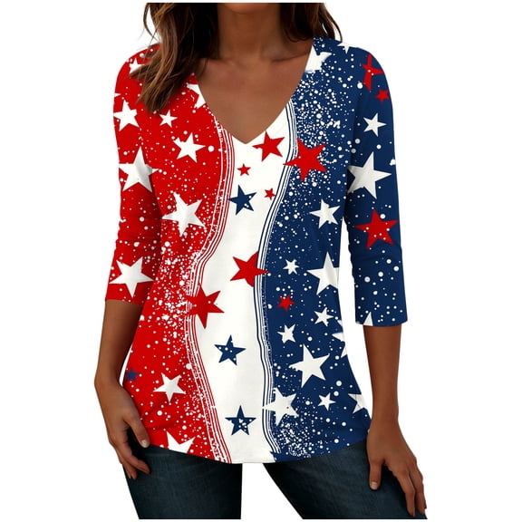 4th of July Outfits for Women American Flag V Neck Shirt 3/4 Sleeve Casual Tops Usa 250th Anniversary Shirt Holiday Tunic Tops