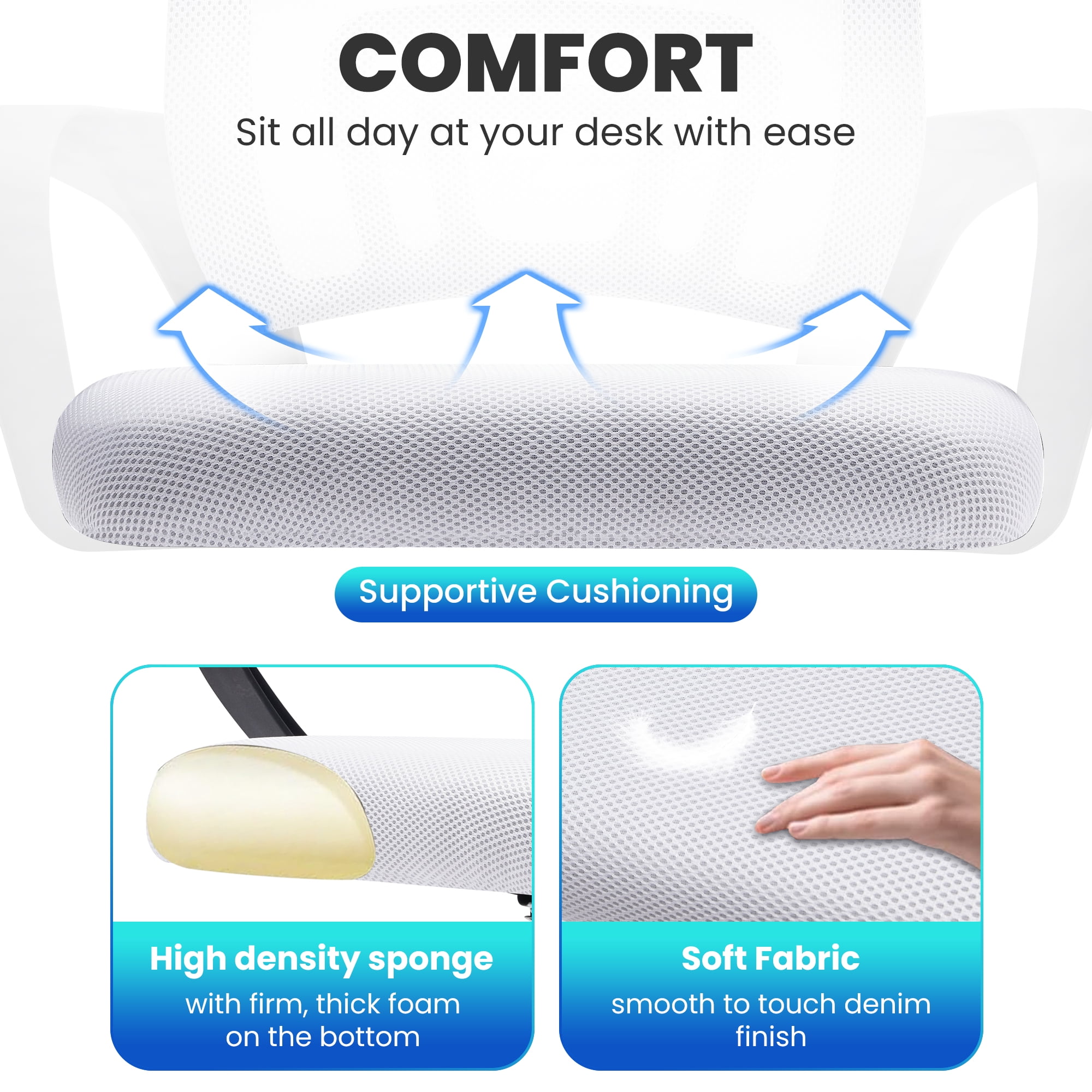 JONPONY Ergonomic Office Chair，Swivel Desk Chair with Lumbar Support, Adjustable Height with Armrests for Adults,White