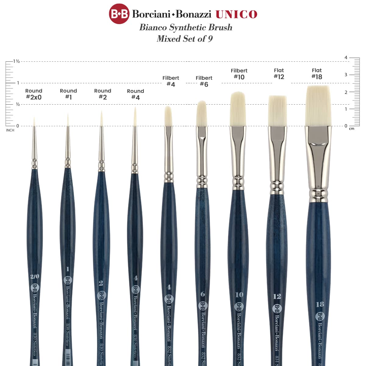 Borciani e Bonazzi Unico Bianco Synthetic Paint Brush Assorted Shapes -Set of 9 Plus Roll-Up Case - All Paint Types - Ergonomic Handle, Cruelty-Free, Brass Ferrule, Handcrafted in Italy