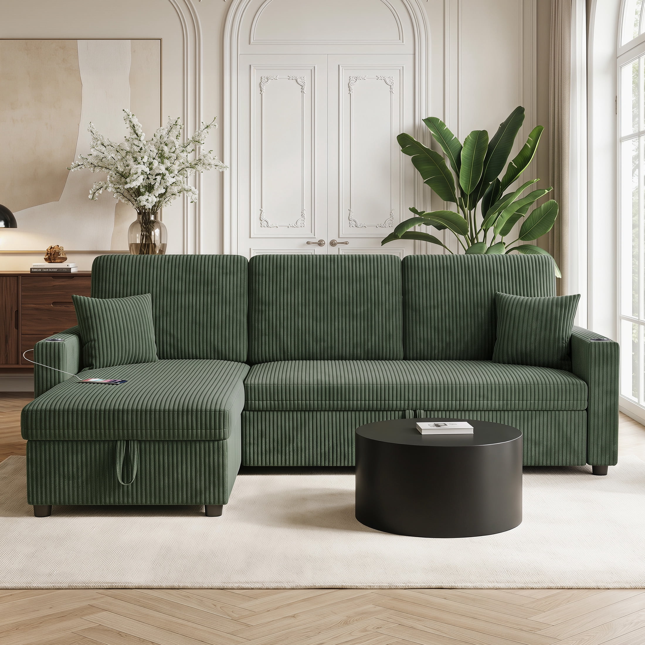 Aenkyo 84" Corduroy Pull Out Sofa Bed with Reversible Storage Chaise and USB Charging, Green