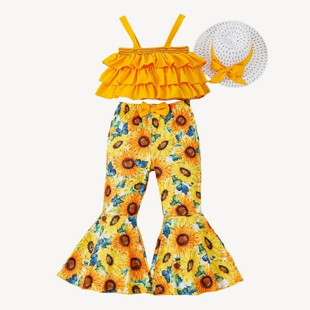 

ZRBYWB Summer Toddler Girl Clothes Sleeveless Tops Bowknot Sunflower Print Pants Hat Outfits For Kids Clothes Summer Clothes