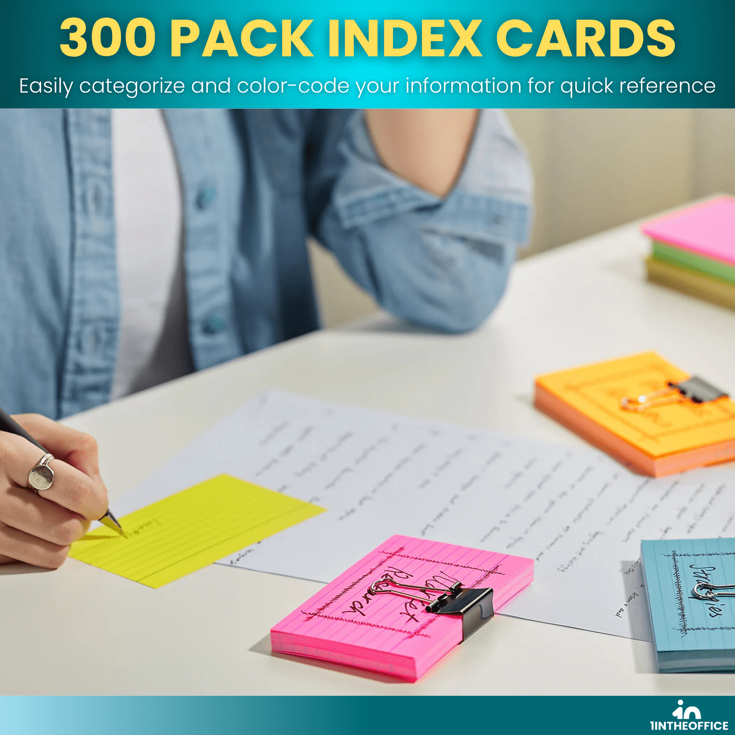 1InTheOffice Ruled Neon Index Cards 3x5, Ruled Index Cards, Assorted Neon Color, 300 Pack