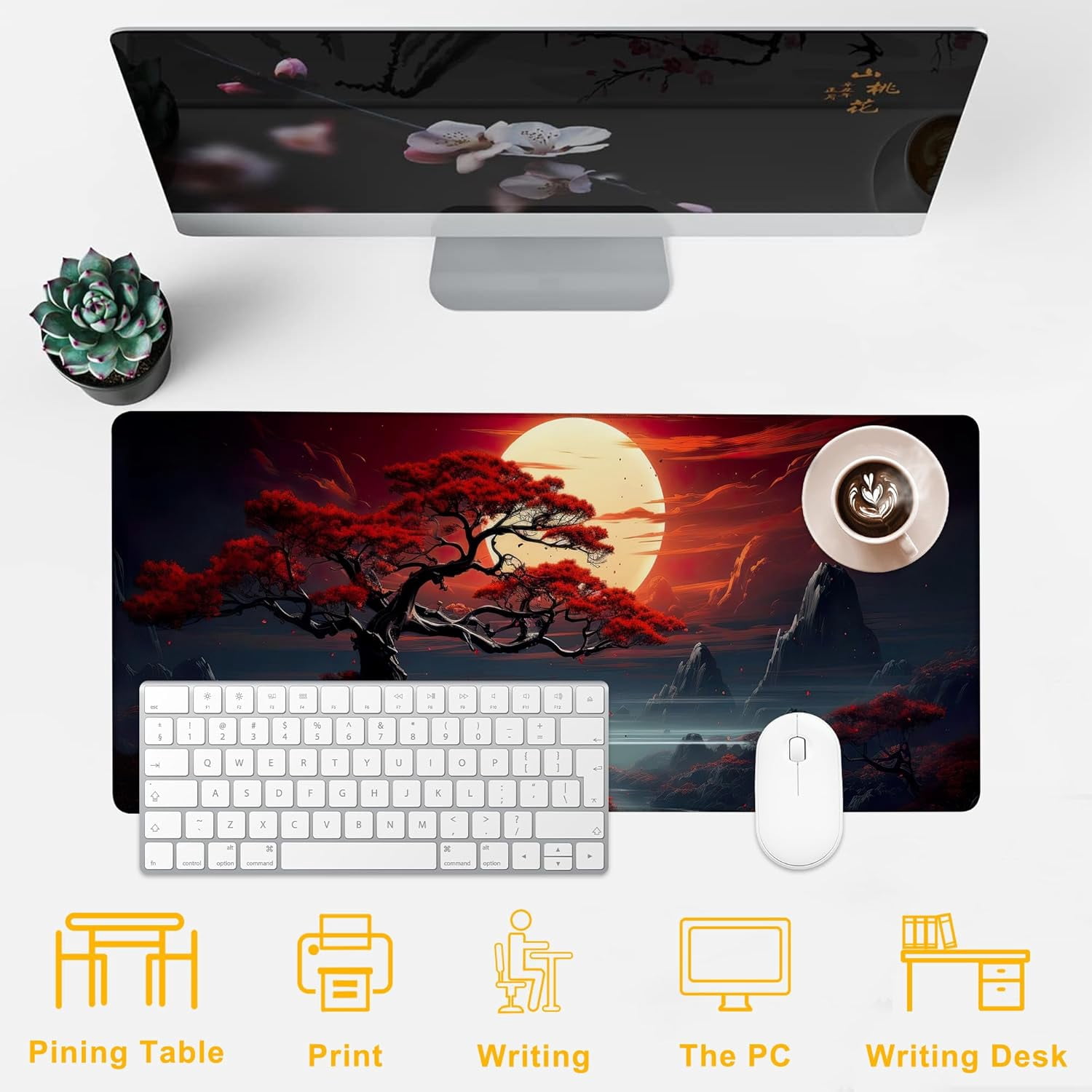 Desk Pad Darkness Red Moon Desk Mat for Keyboard and Mouse, Large XXL Gaming Mouse Pad with Stitched Edges for Work Game Office, 35.43 x 15.75 in