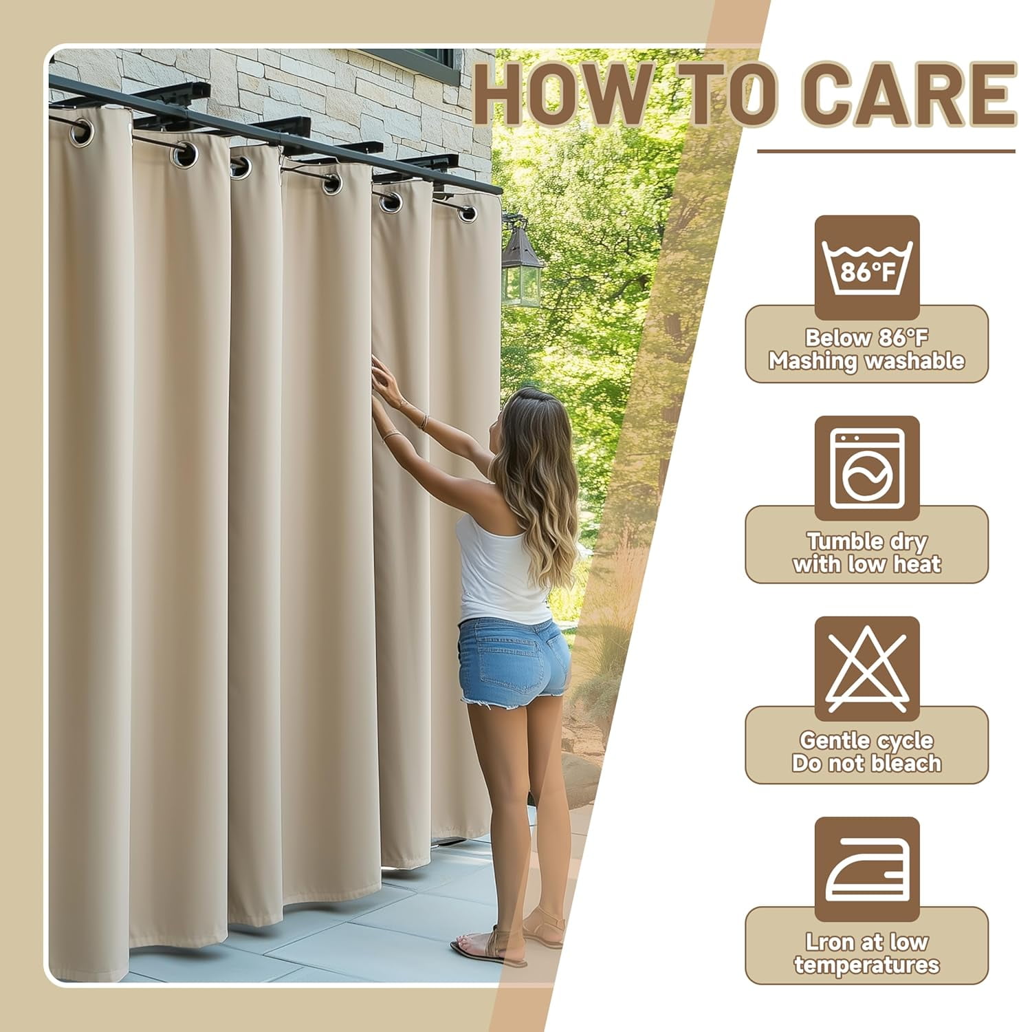 ShadeMart Outdoor Curtains for Patio, Waterproof Blackout Outside Curtains Premium Weatherproof Privacy Curtains for Porch Pergola Deck Backyard, 54W x 108L inch, Beige (Blackout), 2 Panels